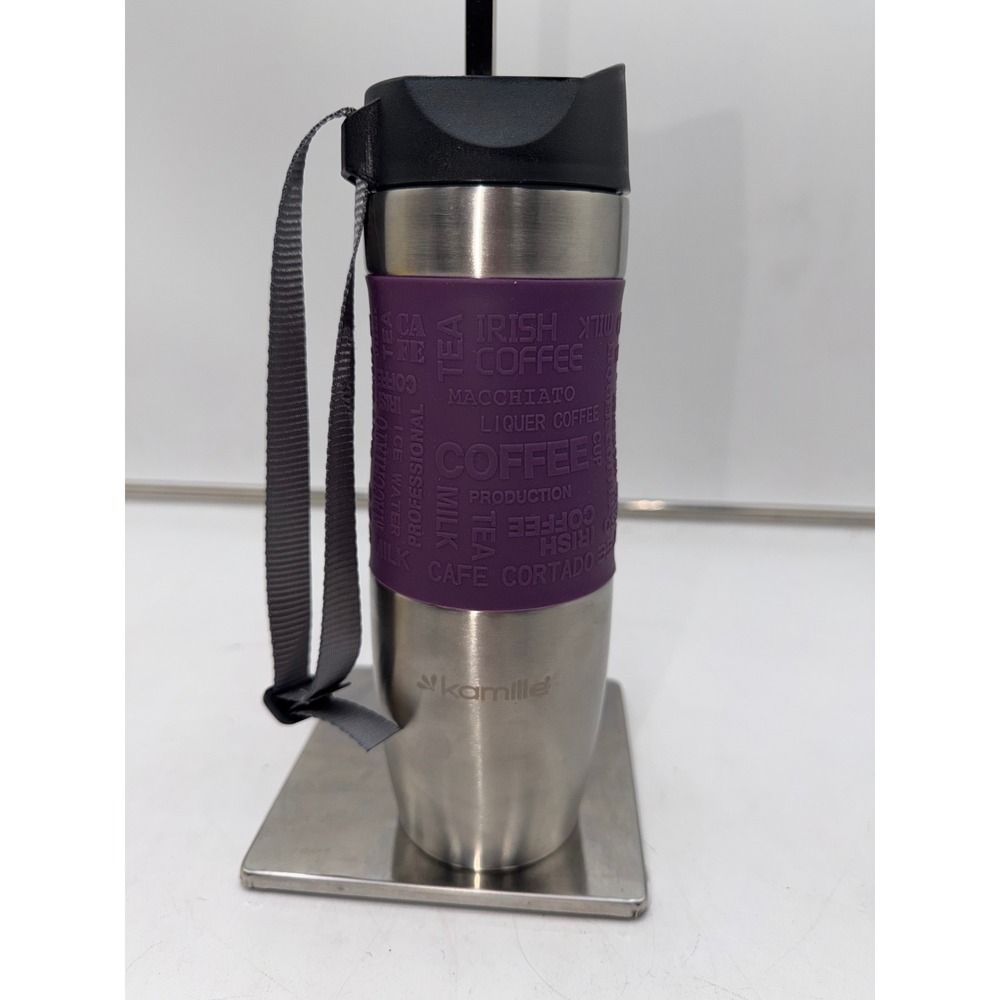 Kamille Stainless Steel Vacuum Flask Travel Mug Purple Silicone Grip Coffee Cup